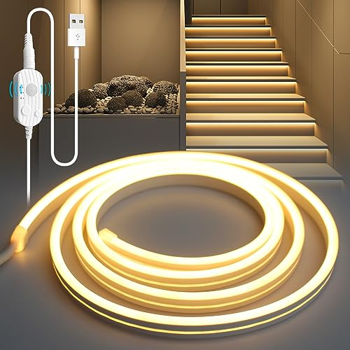 YOODI LED Band mit Bewegungsmelder, 5M Warmes Licht LED Strip Flexible PVC Schneidbare, Treppenstufenbeleuchtung mit 3 Modi, Sensor Streifen mit Timing-Funktion für Küche Schlafzimmer Schrank