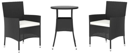 vidaXL Garten Bistroset 3-TLG., Gartenmöbel Set mit Kissen, Sitzgruppe für Balkon Garten Terrasse, Balkonset Balkonmöbel 1 Tisch 2 Stühle, Schwarz Poly Rattan