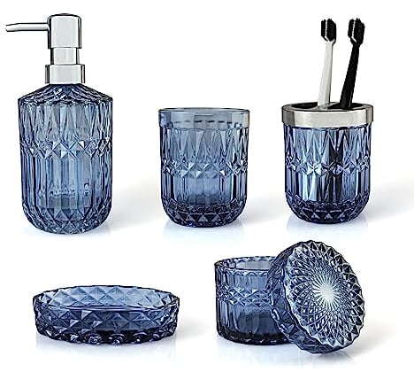 LaMarriti Set di 5 accessori da bagno in vetro blu – dispenser per lozione, portasapone, bicchiere, cotton fioc, portaspazzolino, decorazione moderna per il bagno e set regalo