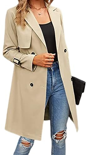 seiveini Damen Trenchcoat Zweireiher Langer Mantel Winddichter Jacke Klassische Revers Wintermantel Einfarbig Windjacke Vintage Damenmantel Übergangsmantel mit Gürtel Elegant A Khaki M