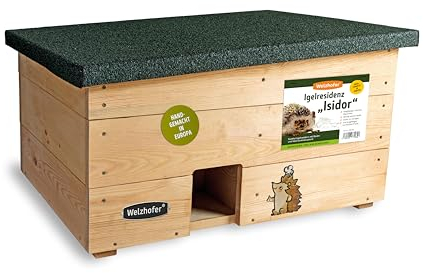 Welzhofer XXL Premium Igelresidenz Isidor, Ganzjahreshaus für Igel, wintertaugliches Igelhaus aus Holz, sicher vor Katzen und Waschbären, handgemacht in Europa, extra Futterraum, leicht zu befüllen