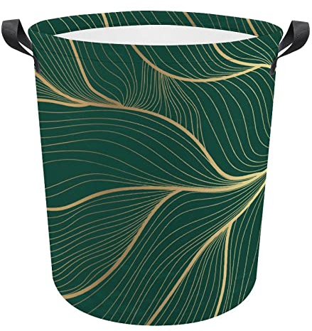 Wäschekorb Grüne Marmor-Gold-Glitzerfaden-Kunst Rund Kleidung Aufbewahrungskorb 34x42cm,Laundry Baskets Stilvollem Wäschesammler Langlebig Für Schlafzimmer Kleidung Wohnheim