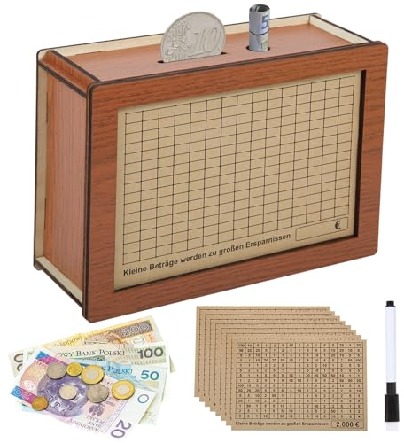 Vozitug Spardose Holz, Sparbox 5000 Euro mit Zahlen Ankreuzen, Wiederverwendbare spardose Nicht zum öffnen mit Sparziel, Sparschwein für Hilft Erwachsene und Kinder Die Gewohnheit Zum Sparen