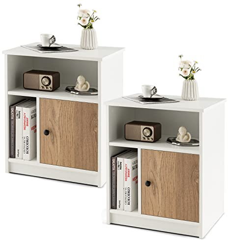 COSTWAY Bedside Tables Set of 2, Wooden Nightstand Sofa Side Table with Bamboo Door, Storage Shelves and Cable Hole, Modern Bedside Cabinet Accent End Table for Living Room Bedroom, 52x42x63cm