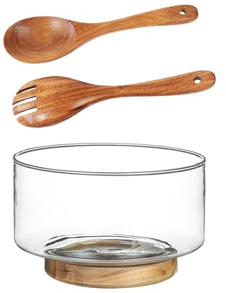 JINYUE Grand bol à salade en verre – Saladier avec base en bois d'acacia et bols de service pour les fêtes, Noël, Thanksgiving pour salades, fruits, pâtes, etc. (taille M)