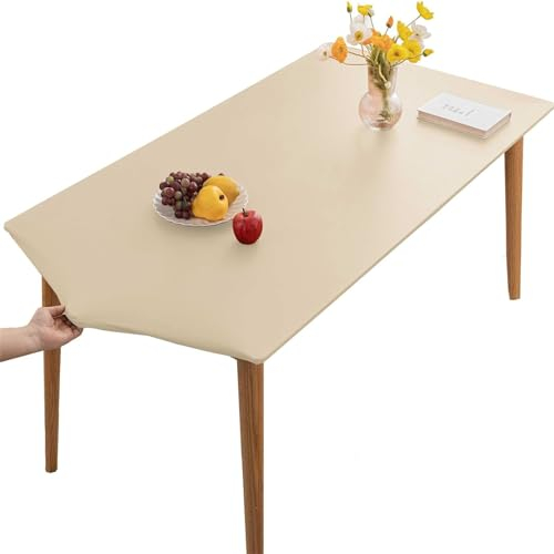 KFDZSW Tischdecke Abwischbare Tischdecke, Wasserdicht Elastische PVC Fitted Vinyl Tischabdeckung Schutz Rechteckig, Für Küche Indoor Outdoor Picknick Camping (Beige,90X150CM)