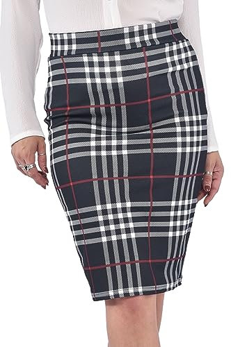 Pretty Fashion Jupe crayon unie avec taille élastique séparée - Jupe mi-longue pour femme - Longueur genou : environ 63,5 cm - Plusieurs couleurs - Courbe de grande taille - 36-50, Noir à carreaux,