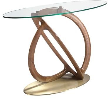 Ángel Cerdá- Console Ovale - Verre Trempé et Bois de Noyer - Base en Acier Inoxydable Doré - Design Moderne et Lumineux - Meubles de Salon - Table D'appoint - Meubles de Couloir -125 X 45 X 80 cm