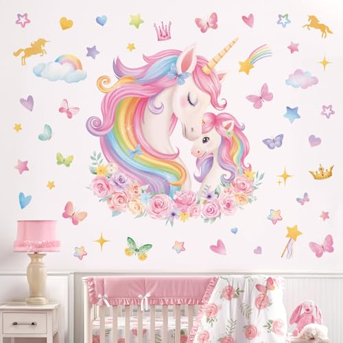wondever Wandtattoo Einhorn Groß Regenbogen Wandaufkleber Einhorn Rosa Herze Schmetterling Wandsticker Wanddeko für Kinderzimmer Mädchen Babyzimmer