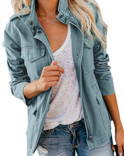 Imily Bela Übergangsjacke Damen Leichte sommerjacke Herbst Stehkragen Jacket Boyfriend Parka Sommerjacke Elegant leichte Jacke Kurzmantel(blau-grau,M)