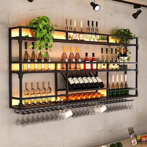 TELCIM Weinregal Zur Wandmontage Mit Beleuchtung, Flaschenhalter Aus Metall Mit Weinglashalter, Multifunktionales Hängendes Aufbewahrungsregal, Für Die Hausbar, Esszimmer, Küche(Black,140x25x90cm)