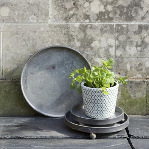 Zinc Pot Stand 3 Sizes, Raised Grey Metal Dish Saucer with Feet for Pots, Plant Pot Holder, Candle Holder Tray, Round Grey Metal Tray Decor, Metal Garden Tray, Tray for Candles, Plant Saucer (Small)