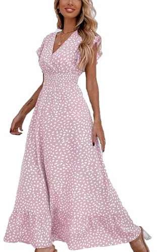 BSLVWG Maxi Robes pour Femme Lotus pétales Manches Courtes col en V Floral été Plage Vacances Jupe Soleil Robe Longue décontractée (FR/ES, Alpha/Lettres, L, Taille Normale, Taille Normale, Rose)