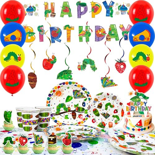 Hungry Caterpillar Party Supplies - 73pcs Birthday Decorations & Tableware Set - Caterpillar Theme Party Plates, Napkins, Banner & Swirls