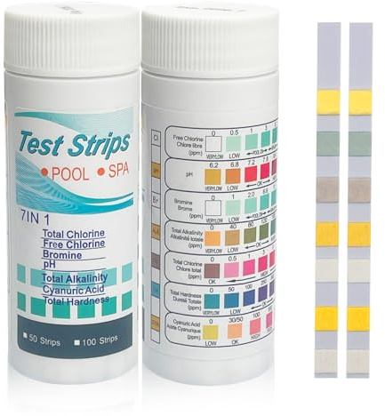 200 Bandelette PH, 7 en 1 Bandes Test Qualité d'eau Eau Aquarium, Bandelettes Spa et Piscine, Pour Test Chlore Total, Chlore Libre, Dureté, Alcalinité, Brome, Acide Cyanurique