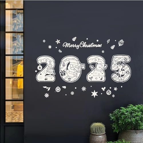 2025 Weihnachtsaufkleber, Weiß, Schneeflocke, Schneemann, Baum, Weihnachtsdekoration, Glas, Statisches Klebeband (Neujahr Aufkleber Weiß)