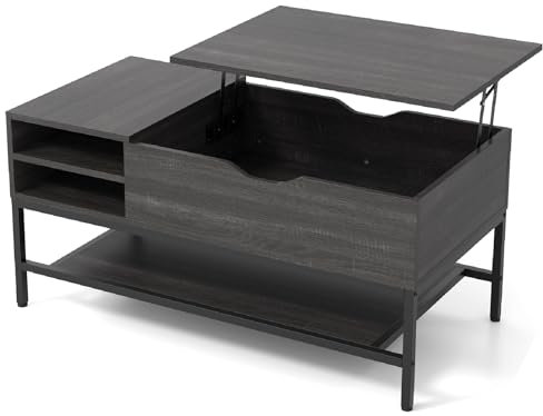 CASART Lift Top Coffee Table, Wood Center Table with Lift Up Top, Hidden Storage & Open Shelf, Modern Low Table Tea Table for Living Room Reception Room, 100 x 49 x (47-61) cm (Grey)