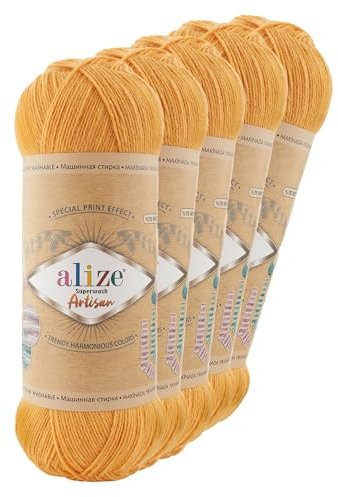 5 x 100g Sockenwolle Alize Superwash Artisan 75% Wolle Strickwolle Häkelgarn Farbwahl, Farbe:281 safran