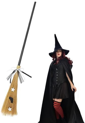 Scopa streghe - Scopa fatta a mano, decorazione di Halloween vintage | Scopa da staccabile, costume di Halloween, scopa in paglia naturale per rituali, altari