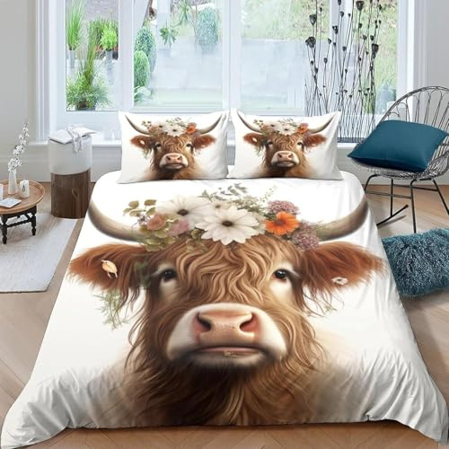 Bettbezug Tier Isches Hochlandrind 135X200 cm 3D Bettwäsche-Sets Kuschelig Leicht Mikrofaser 3 Teilig Linie Bettbezüge Versteckter Reißverschluss Mit 2 Kissenbezug Kinder Erwachsene-914673115