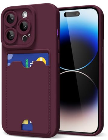 oakxco for iPhone 14 Pro Case with Card Holder, Cute Silicone Wallet Phone Case with Credit Card Slot, Soft Rubber Thin Slim Purse for Women Men with Camera Cover Protection, Burgundy Maroon