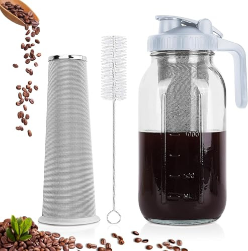 Xummi Cafetera Cold Brew, 1,8 L, tapa con asa y filtro de acero inoxidable, para café y té en frío, color gris