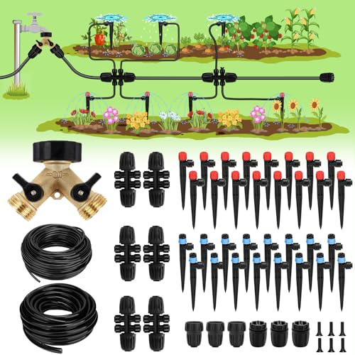 250FT Drip Irrigation System for Garden - 50FT 1/2 Main Tube & 200FT 1/4 Branch Tubing, Brass Splitter, Quick Connect Design, Perfect for Outdoor Plants, Raised Beds, Greenhouses