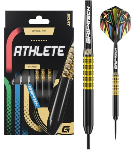 GOAT - Athlete Gelb Messing Steeldarts 12 G, Dartpfeile, inkl. 3 Barrels, 3 Flights & 3 Shafts