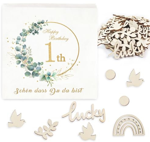 Servietten 1. Geburtstag,32 Stück 3-Lagig Geburtstagsservietten Grün mit Streudeko Happy Birthday Servietten Eukalyptus für Kindergeburtstag Party Deko Tisch Erster Geburtstag Mädchen Junge
