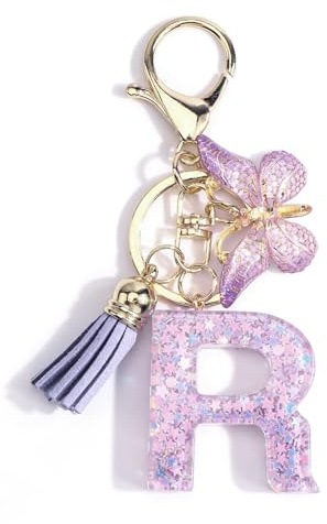 Schlüsselanhänger mit Buchstabe, Schmetterling Anhänger, Quaste Pailletten Frauen Schlüsselanhänger Geschenk, Mädchen Geburtstagsgeschenk, Lila (R)