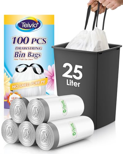 Teivio 25 Liter Small Bin Liners with Tie Tap, 100 Counts Strong Drawstring Pedal Bin Bags Fit 20-25L Trash Can, Waste Paper Bin Bags for Home Office Kitchen Bathroom Bedroom, White Toilet Rubbish Bag