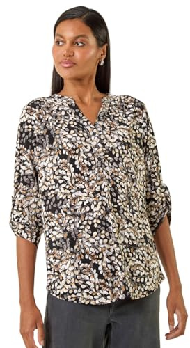 Roman Originals Shirt for Women UK Ladies Top Collarless Blouse Stretchy Tunic Smart Casual Autumn Winter Jersey 3/4 Length Sleeve Notch V Neck Flattering Office Work - Beige Floral - Size 12