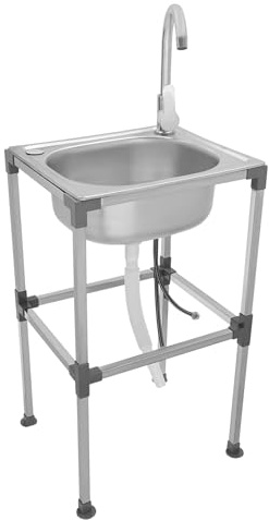 Évier de cuisine, sur pied, en acier inoxydable, 42 x 37 x 75 cm, pour extérieur, avec robinets d'eau chaude et froide, pour restaurant, garage, gastro