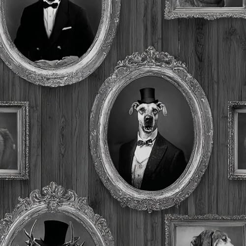 Self Adhesive Peel and Stick Wallpaper 58x300cm Vintage Black White Dog Portraits Elegant Frames Tuxedos Top Wall Paper Roll Waterproof Removable Contact Paper Vinyl Wrap for Furniture Living Room
