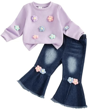 Haomibacu Little Kid Baby Girls Sweet 2Pcs Outfits Crochet Flower Decor Waffle Sweatshirt Long Denim Flare Trousers Clothes Set