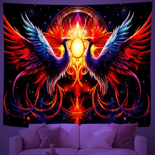 Schwarzlicht Phönix Neon Flügel Wandteppich, UV-reaktiv Fantasy Tiermotiv Leuchtender Wandteppiche Wandbehang, Glow In The Dark Tapisserie für Schlafzimmer Wohnzimmer Wanddekoration 150x200cm T5f230