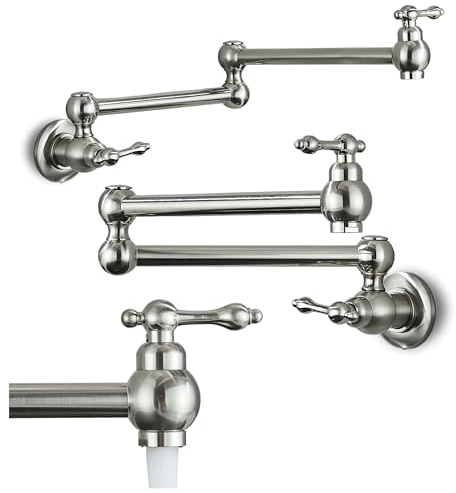 Ari Küchenarmatur Klappbar Wandmontage Messing Wand-Küchenmischer für Töpfe mit Zwei Griffen und Keramikventil Klappbare Spültischarmatur Schwenkbar für die Küche Wandanschluss 3/8 Zoll (Edelstahl)