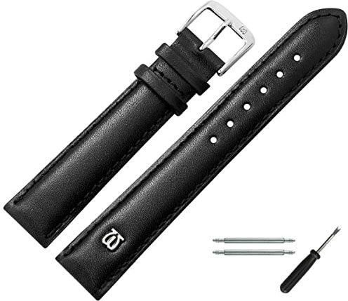 MARBURGER Uhrenarmband 20mm Leder Schwarz Silber Glatt Mit Naht - Montage Set 1002010000120