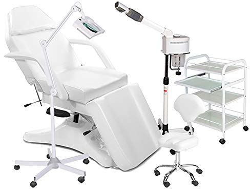 Medeo 900234b Kosmetikkabine Liege Bedampfer Lupenlampe Arbeitsstuhl Beistelltisch weiß