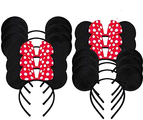 Amycute 12 Pcs Mouse Ear Headband, 6 Pcs Red Bow Headbands And 6 Pcs Solid Black Headbands for Adults and Kids Birthday Party Bag Favors (12 Pcs)