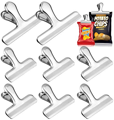 Whaline Stainless Steel Chip Clips Set, 4.7'' & 3'' Chip Bag Clips Heavy Duty Food Clips Round Edge Air Tight Seal Grip for Office Kitchen Home Usage Storage (2 Large and 6 Small Size)