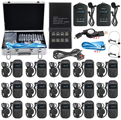 EXMAX EXD-101 2.4GHz Wireless Tour Guide System for High-Level Exhibition, Civic Meeting, VIPs Reception,Walking Tour - 2 Transmitters 15 Receivers & 16-port Multi-charger with Silver Storage Case