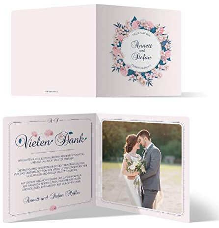 Personalisierte Hochzeit Danksagungskarten Klappkarten (ab 10 Stück, bis 100 Menge wählbar) 148x148mm Quadrat selbst gestalten mit Foto und Text - Blumen Romantik