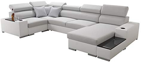 Ecksofa Perseo IV Maxi mit Schlaffunktion und Bettkasten Eckcouch Polsterecke Funktionssofa Elegante U-Form Sofa mit ausziehbarem Bett Couch Wohnlandschaft (EKJ 01 + Luxo 6601 + Evo 32, Seite: Rechts)
