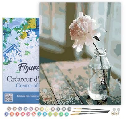 Figured'Art Malen Nach Zahlen Erwachsene Mit Rahmen Weiße Blume - Paint by Numbers Basteln DIY Bastelset 40x50cm Leinwand gespannt auf Holzrahmen