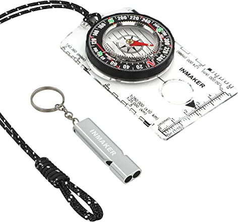 INMAKER Kompass mit Notfallpfeife, Kompass Outdoor mit Floureszierender Reflektierendes Lanyard, Kompass Kinder zum Lesen von Karten Navigation, Compass Zuverlässige Outdoor Survival Ausrüstung