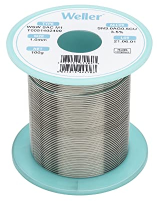 Weller WSW sac M1 (T0051402499) Filo Saldante, Ø 1.0mm, 100g, Lega Sn96.5Ag3.0Cu0.5, Contenuto di Fondente 3,5%, Silver