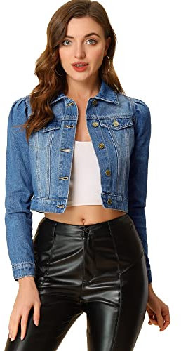 Allegra K Women's Cropped Jean Jacket Button Down Puff Sleeve Denim Jacket Blue M