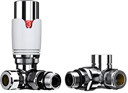 iBathUK Pro Thermostatic Corner Radiator Valve 1/2 (TRV) and Lockshield Valve, Central Heating, Tower Rail Valve- White/Chrome