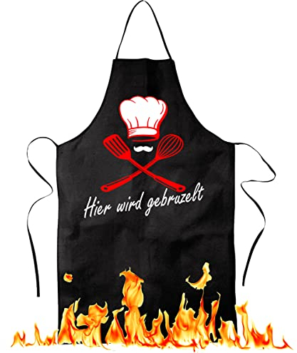 Blickfang Lustig bedruckte Schürze | Hier wird gebruzelt |Grill, BBQ | Küchenchef, Koch | Kochschürze, Latzschürze, Küchenschürze Grillschürze, Partyschürze | Geschnek, Geburtstag, Schurz (Schwarz)